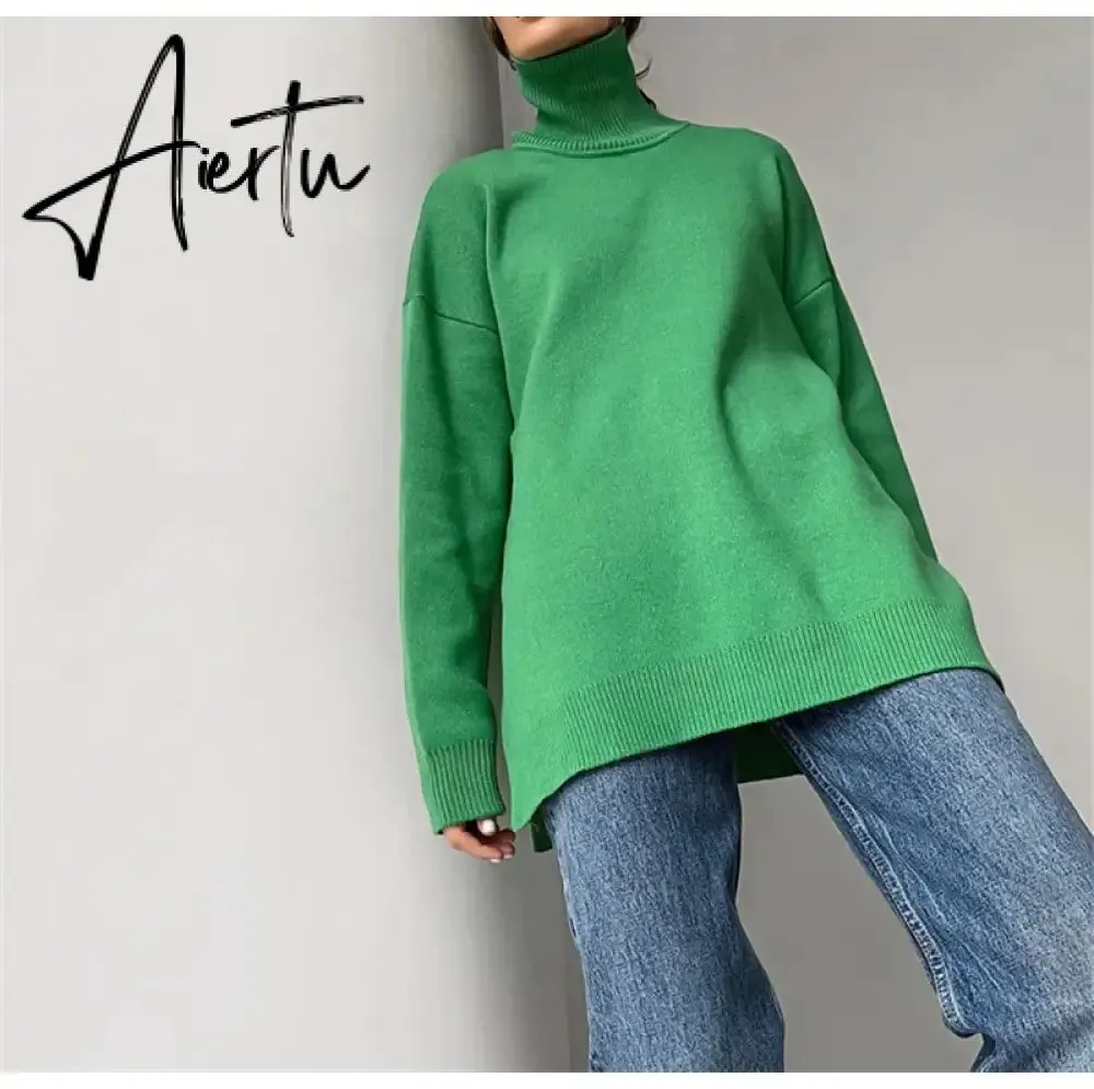 Autumn Winter Women's Sweaters Turtleneck Women Pulovers Side Split Knitted Jumpers Christmas Sweater Oversize Pull For Women