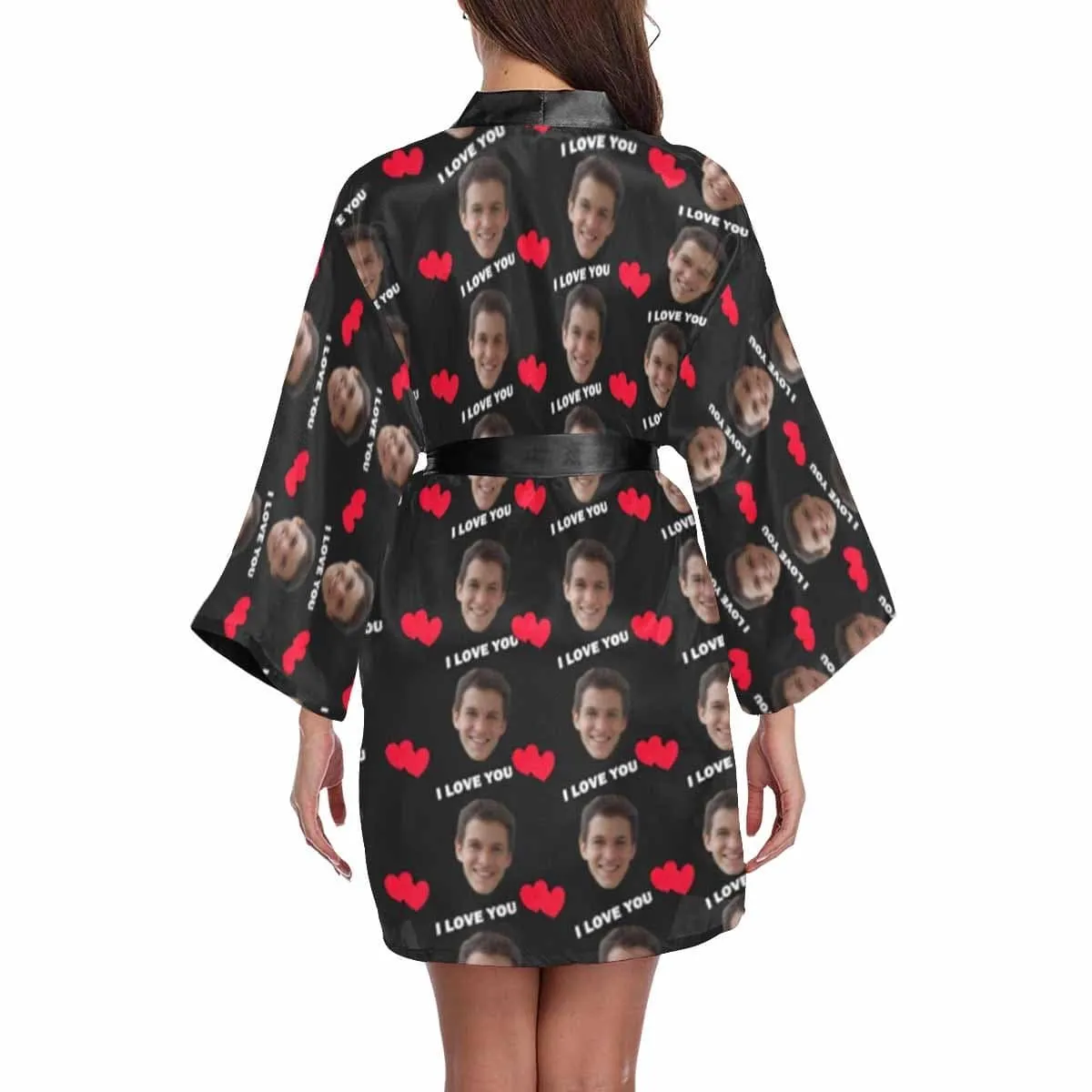 Custom Husband Face I Love You Black Women's Summer Short Pajamas Funny Personalized Photo Pajamas Kimono Robe
