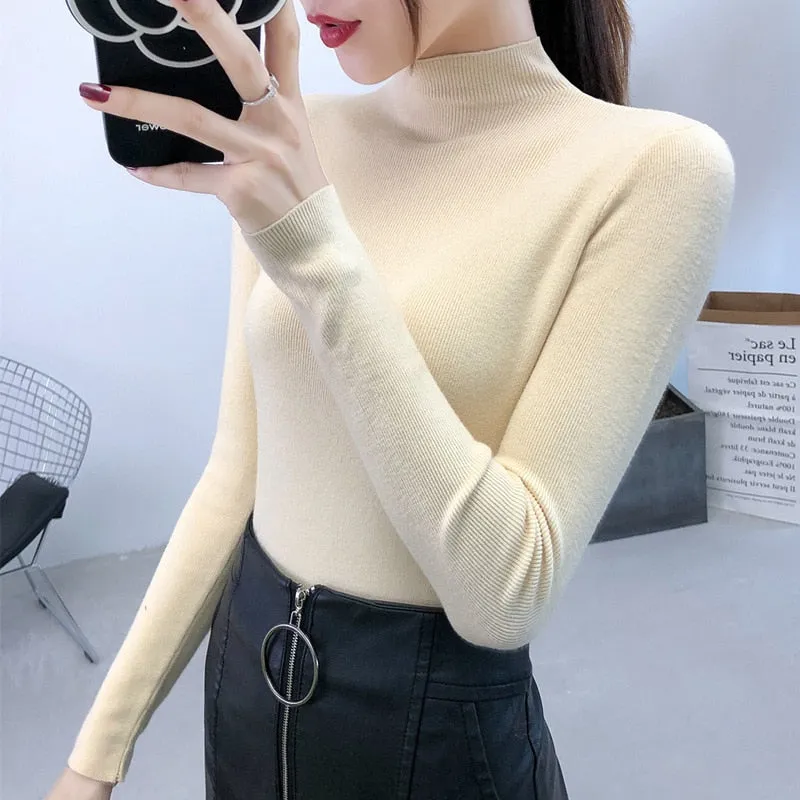 Fashionkova  Women Solid Half Turtleneck Knitted Pullovers Sweaters Causal Autumn Winter Primer Shirt Long Sleeve Slim-Fit Tight Jumper Tops