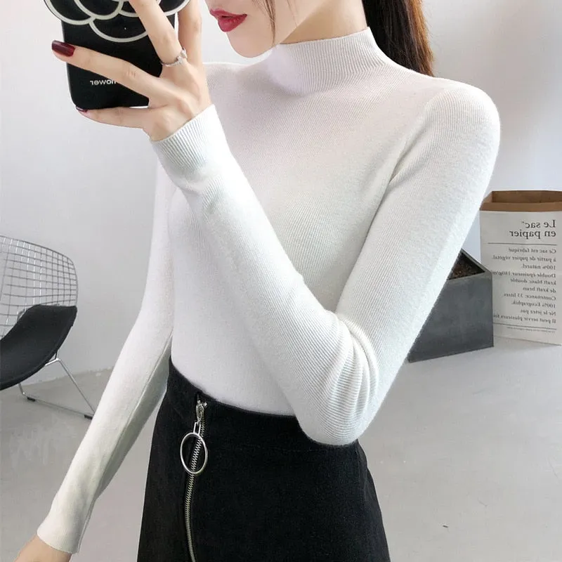 Fashionkova  Women Solid Half Turtleneck Knitted Pullovers Sweaters Causal Autumn Winter Primer Shirt Long Sleeve Slim-Fit Tight Jumper Tops