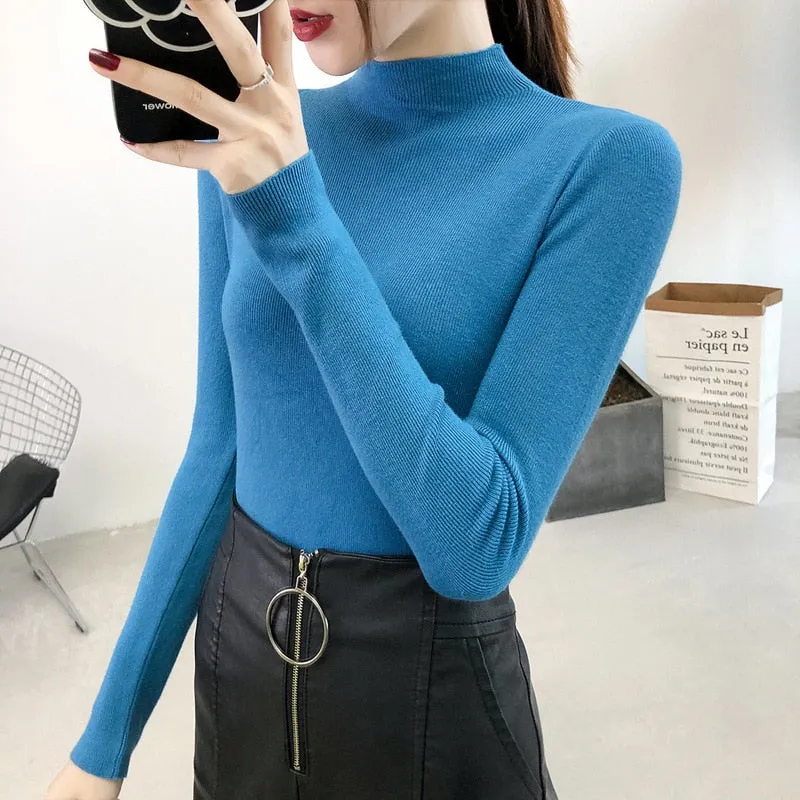Fashionkova  Women Solid Half Turtleneck Knitted Pullovers Sweaters Causal Autumn Winter Primer Shirt Long Sleeve Slim-Fit Tight Jumper Tops