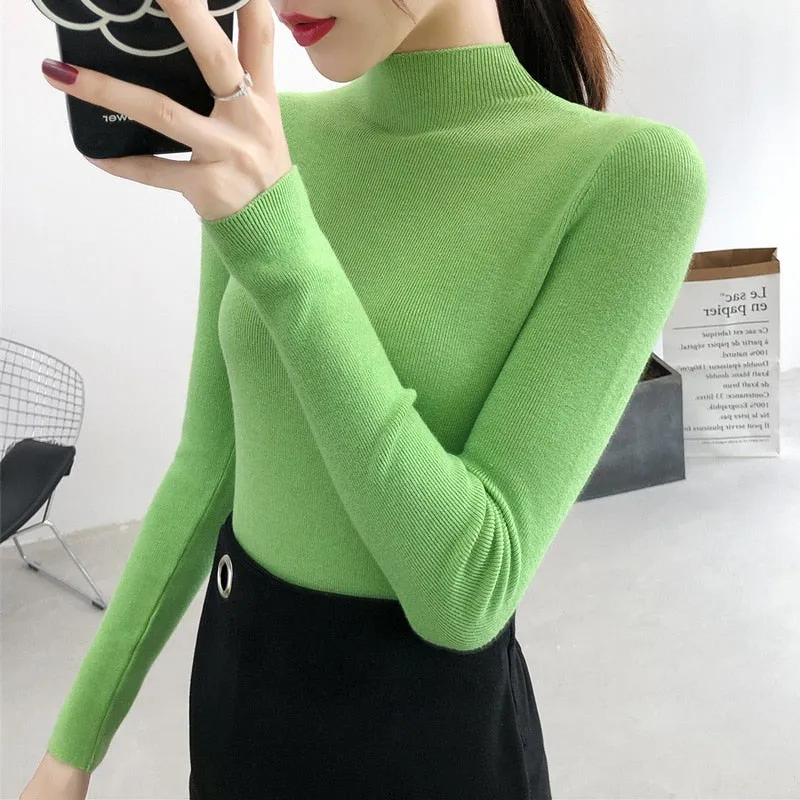 Fashionkova  Women Solid Half Turtleneck Knitted Pullovers Sweaters Causal Autumn Winter Primer Shirt Long Sleeve Slim-Fit Tight Jumper Tops