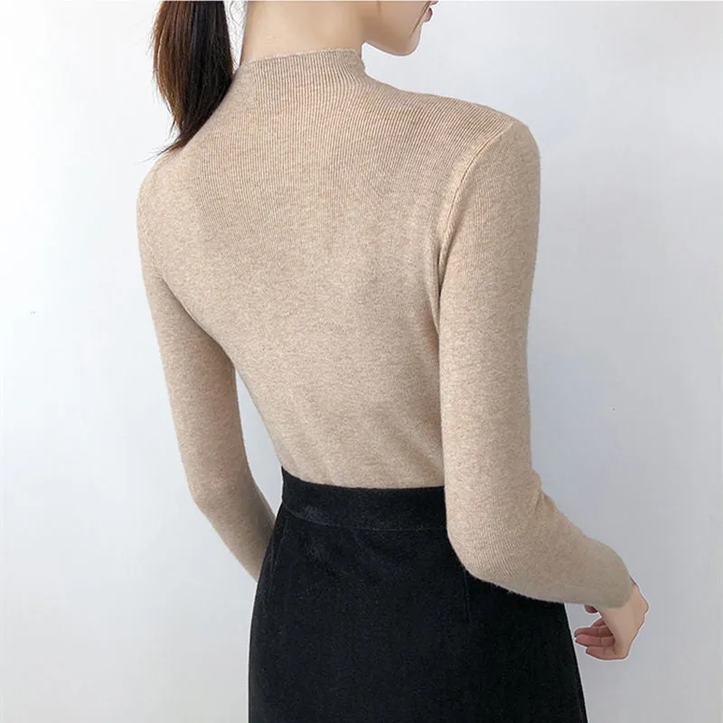 Fashionkova  Women Solid Half Turtleneck Knitted Pullovers Sweaters Causal Autumn Winter Primer Shirt Long Sleeve Slim-Fit Tight Jumper Tops