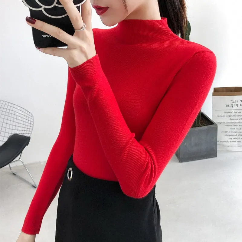 Fashionkova  Women Solid Half Turtleneck Knitted Pullovers Sweaters Causal Autumn Winter Primer Shirt Long Sleeve Slim-Fit Tight Jumper Tops