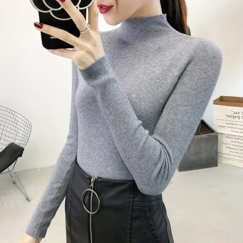 Fashionkova  Women Solid Half Turtleneck Knitted Pullovers Sweaters Causal Autumn Winter Primer Shirt Long Sleeve Slim-Fit Tight Jumper Tops