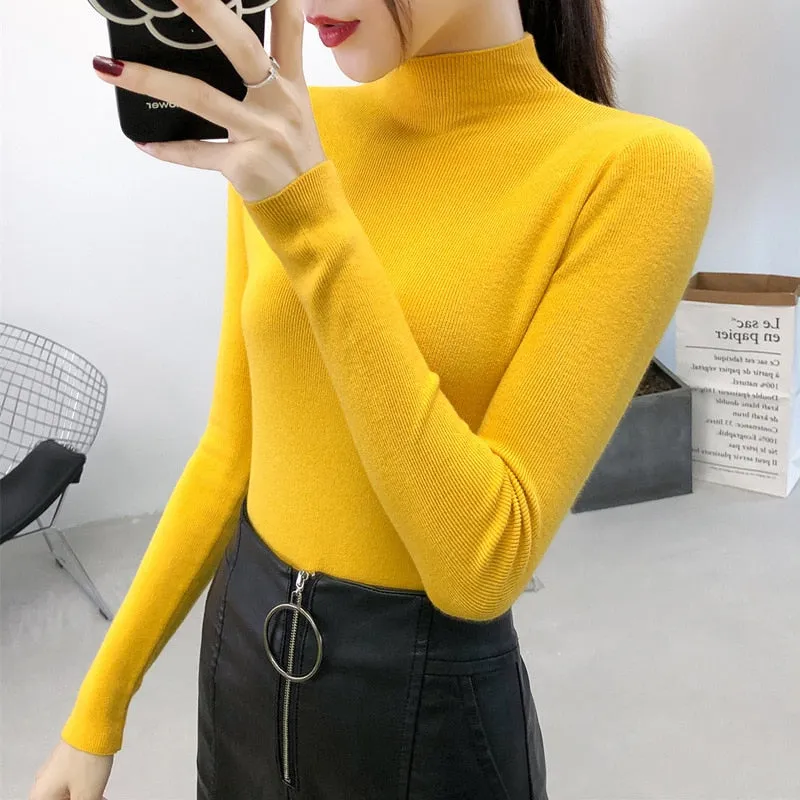 Fashionkova  Women Solid Half Turtleneck Knitted Pullovers Sweaters Causal Autumn Winter Primer Shirt Long Sleeve Slim-Fit Tight Jumper Tops