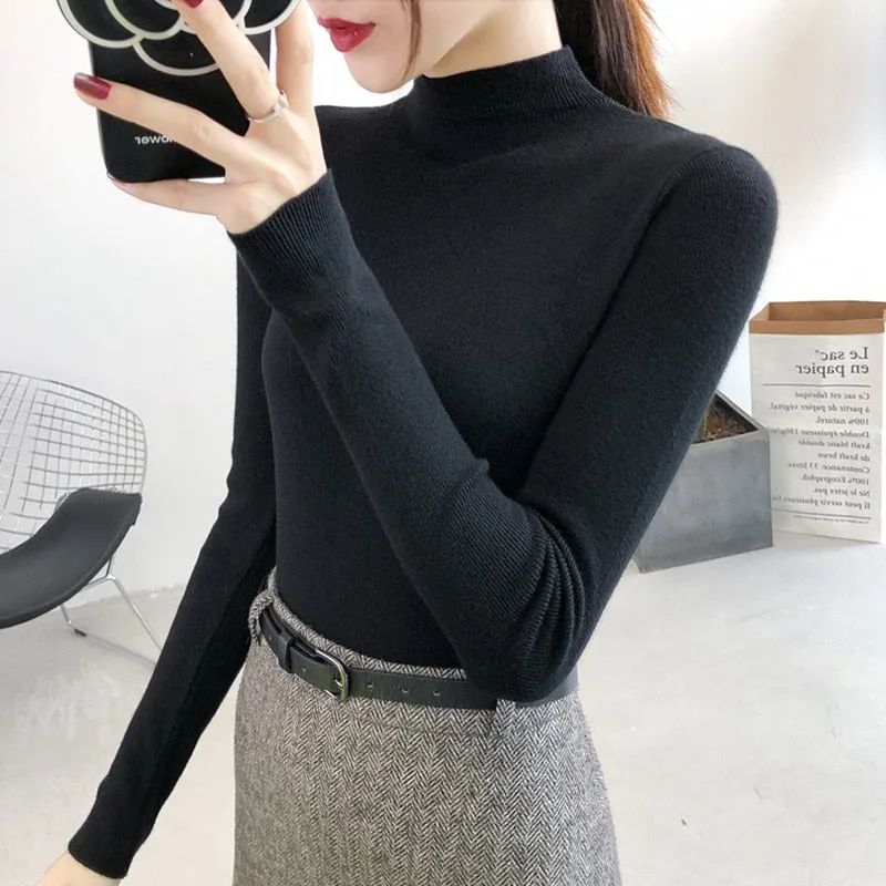 Fashionkova  Women Solid Half Turtleneck Knitted Pullovers Sweaters Causal Autumn Winter Primer Shirt Long Sleeve Slim-Fit Tight Jumper Tops