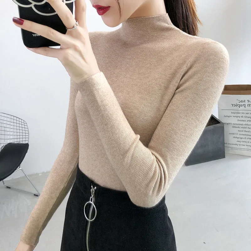Fashionkova  Women Solid Half Turtleneck Knitted Pullovers Sweaters Causal Autumn Winter Primer Shirt Long Sleeve Slim-Fit Tight Jumper Tops