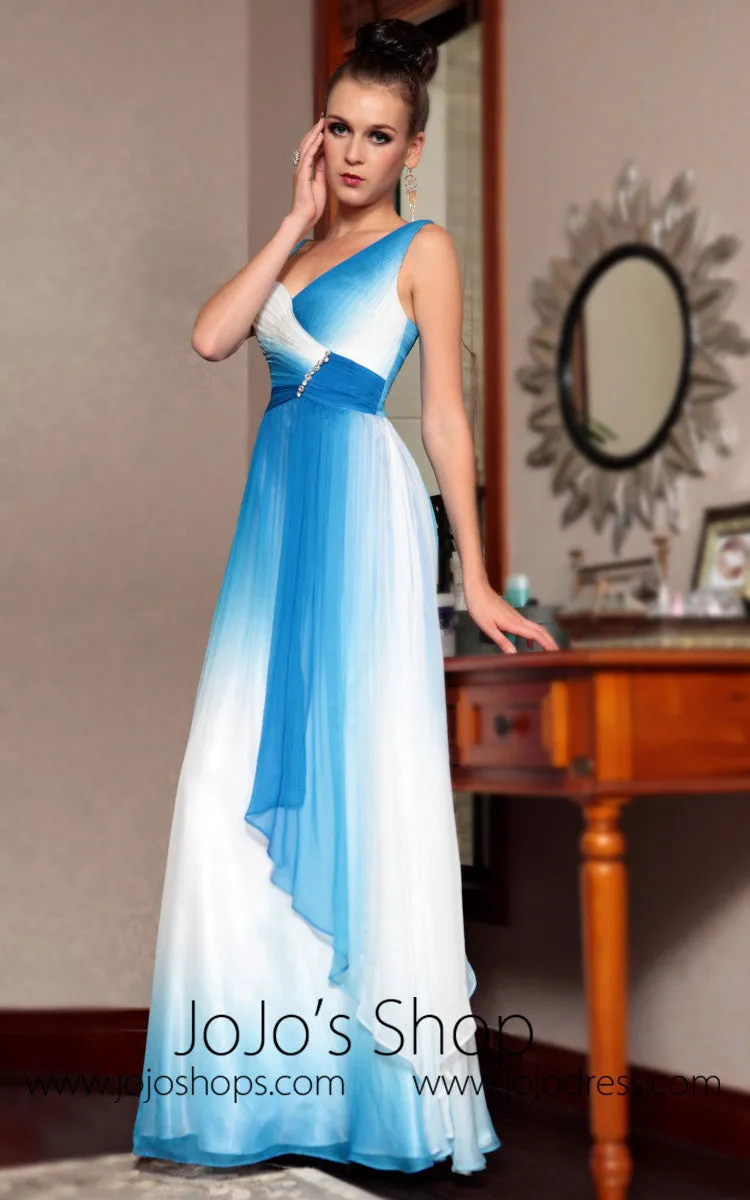 Grecian Blue and White V Neck Prom Formal Evening Dress