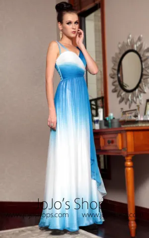 Grecian Blue and White V Neck Prom Formal Evening Dress