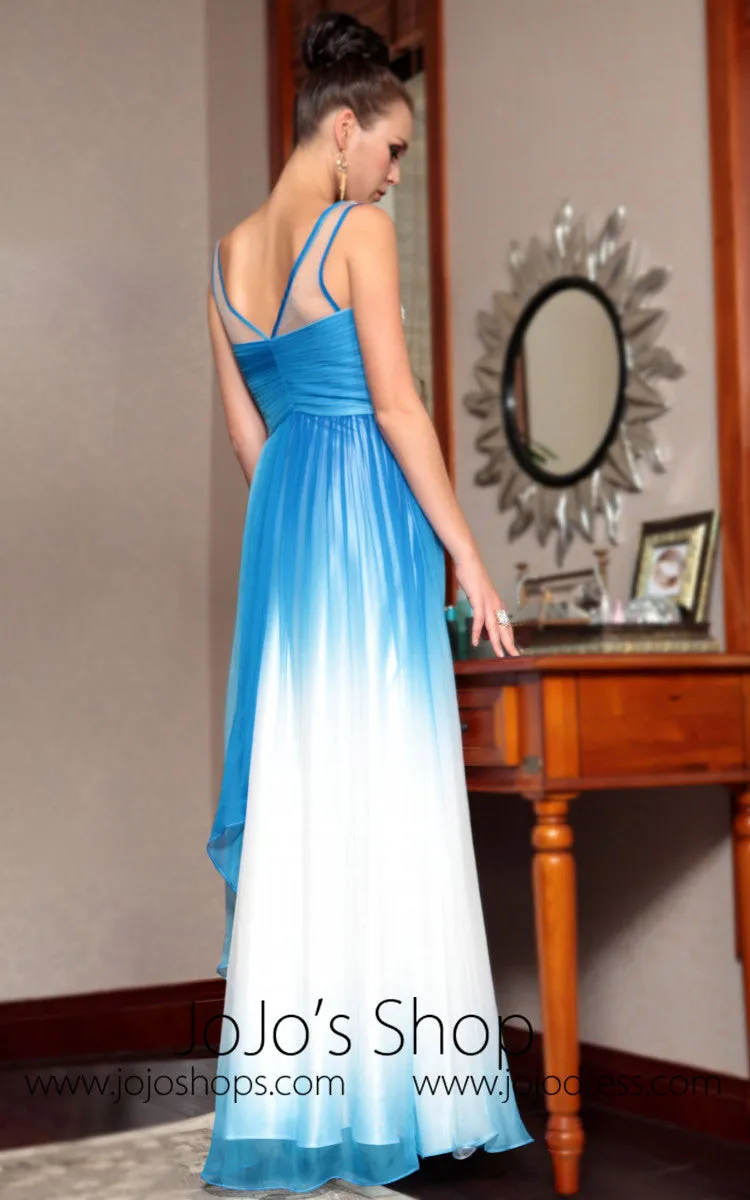 Grecian Blue and White V Neck Prom Formal Evening Dress