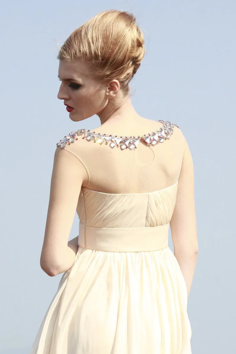 Grecian Champagne Modest Prom Pageant Evening Gown SA880599