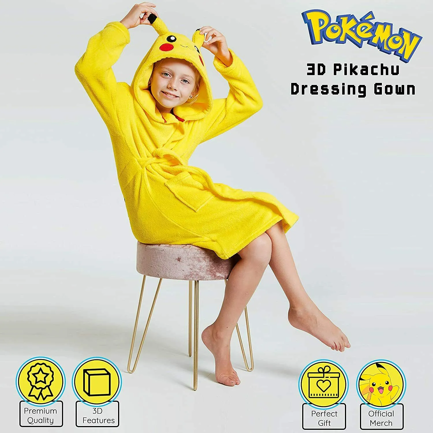 Pokemon Soft Fleece Dressing Gown with 3D Pikachu Hood for Kids