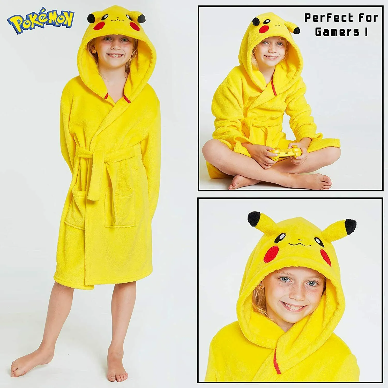 Pokemon Soft Fleece Dressing Gown with 3D Pikachu Hood for Kids