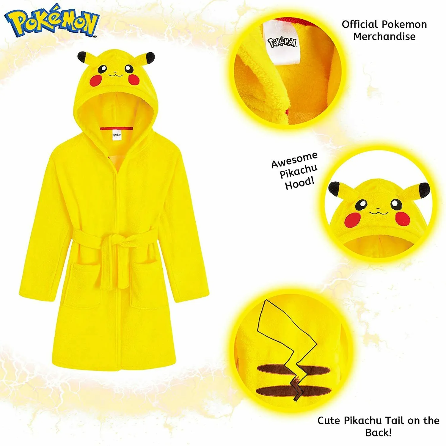 Pokemon Soft Fleece Dressing Gown with 3D Pikachu Hood for Kids
