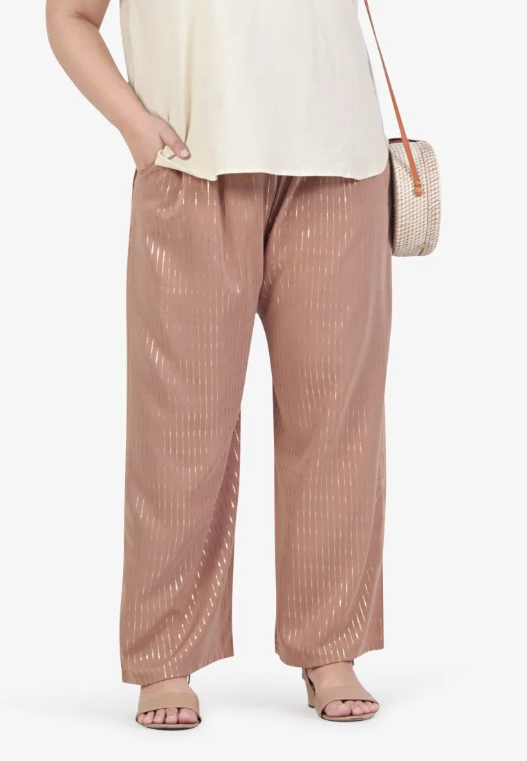 Puja Minimalist Raya Gold Stripe Wide Pants - Light Brown