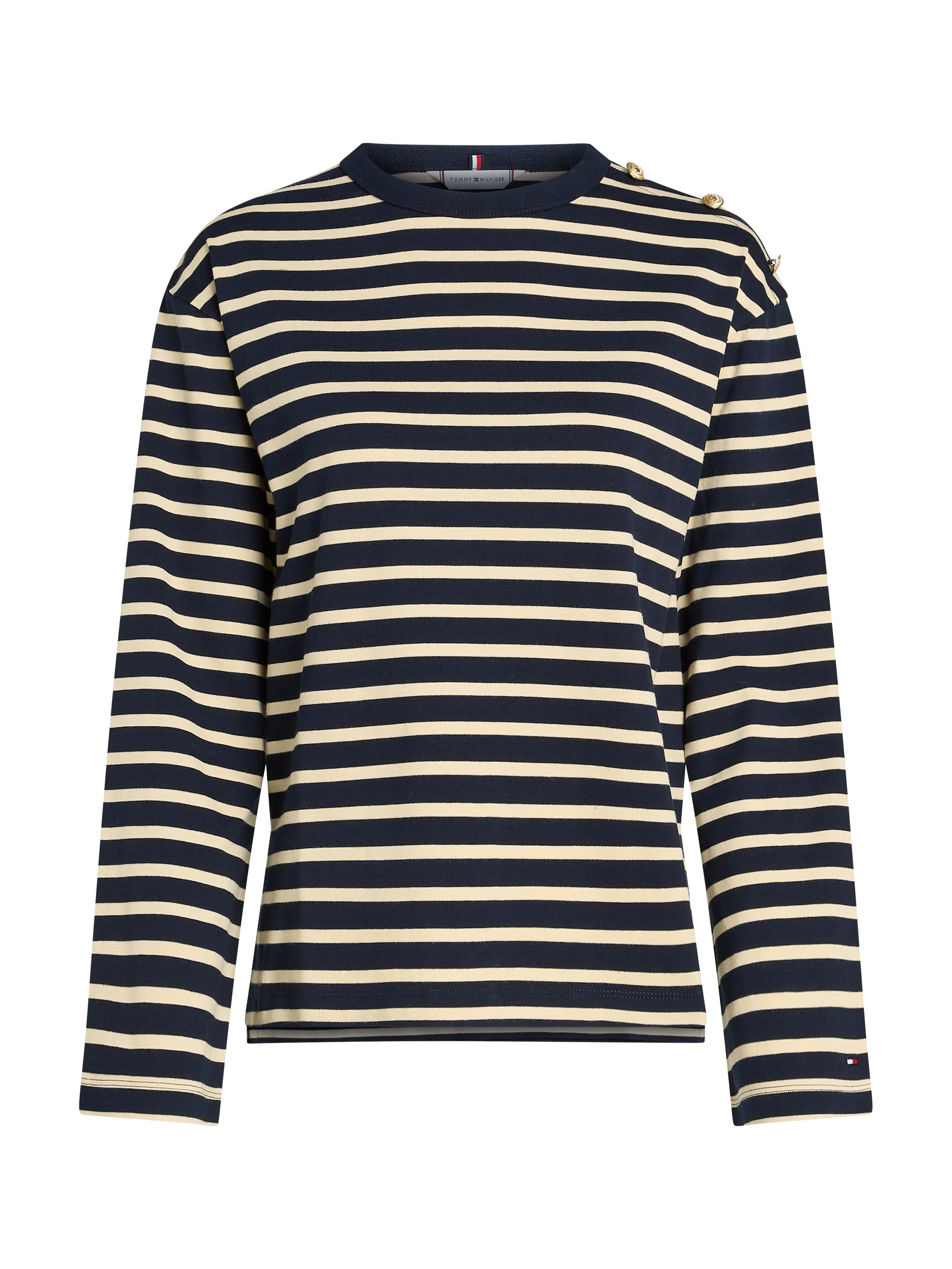 Relaxed Gold Button Stripe C-Neck LS Top