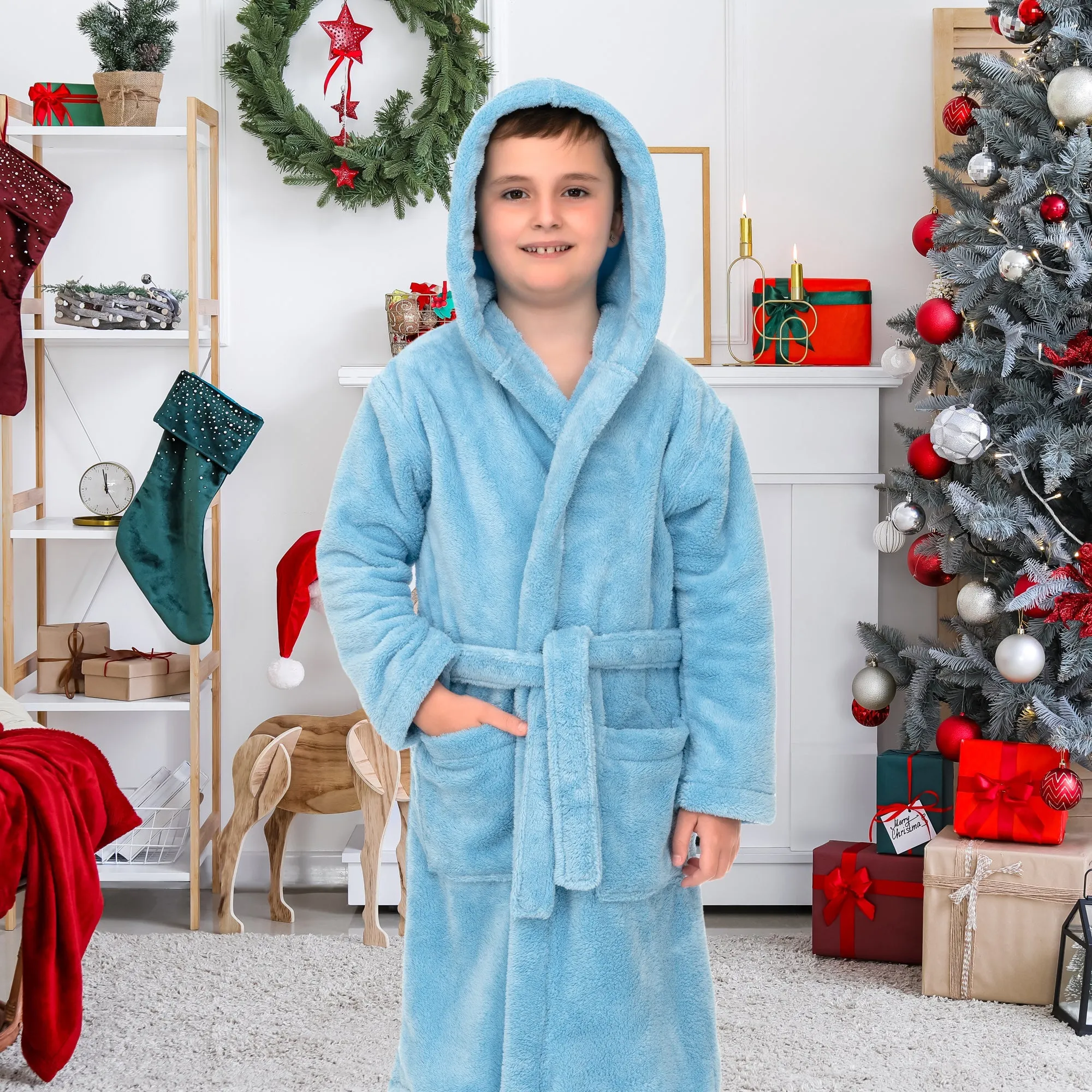 TowelSelections Boys Robe, Kids Plush Hooded Fleece Bathrobe