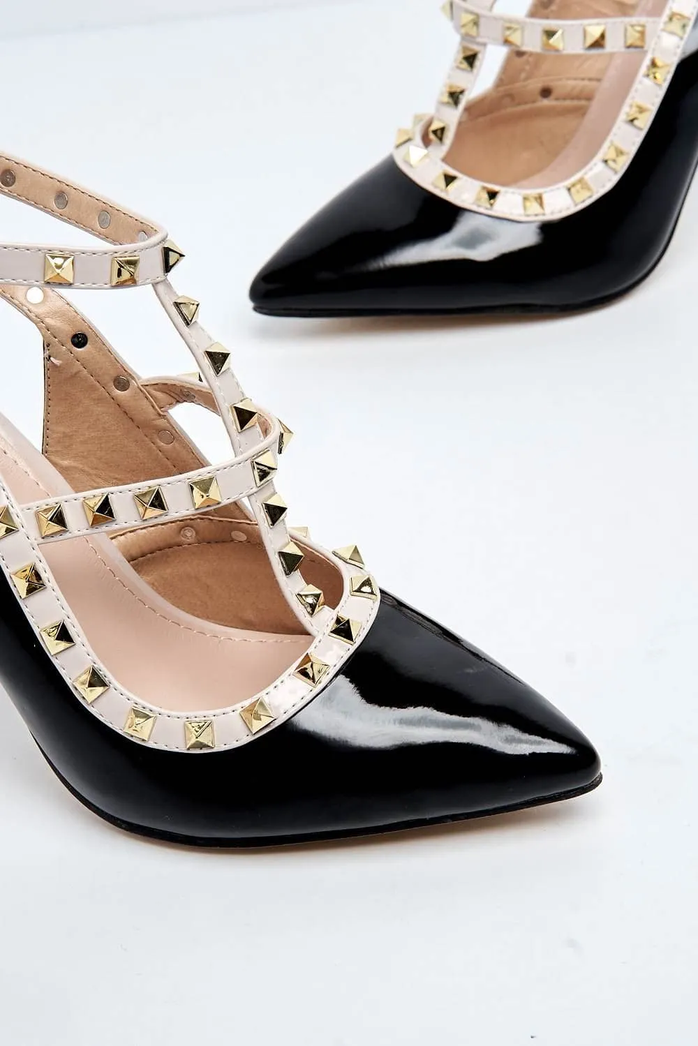 Vienna Studded Anklestrap Heels in Black Patent
