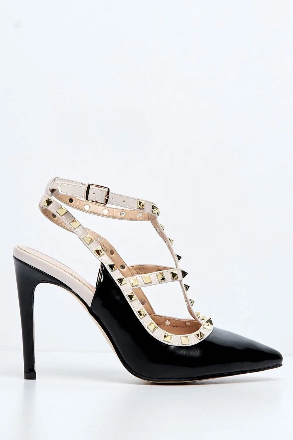 Vienna Studded Anklestrap Heels in Black Patent