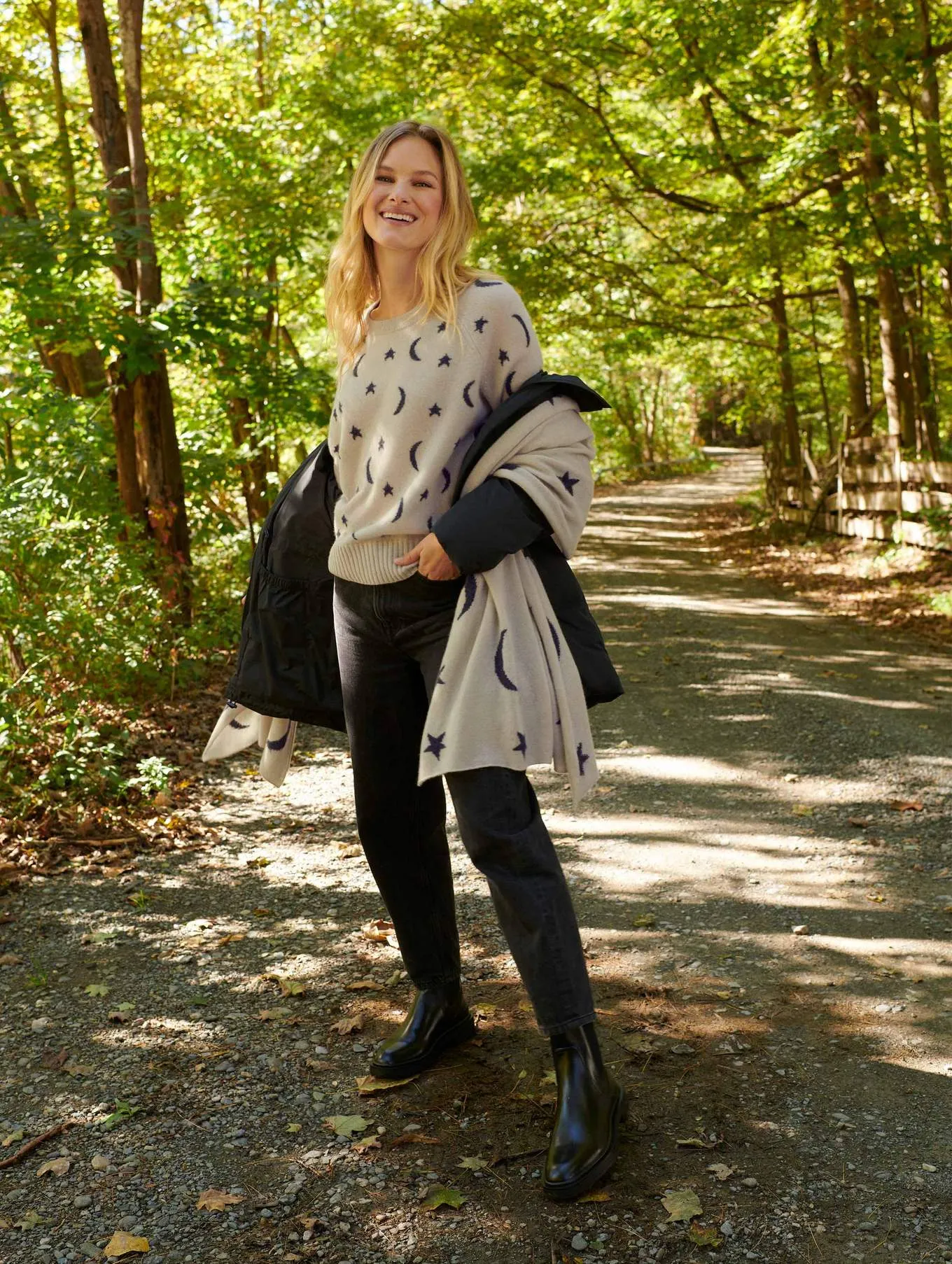 White   Warren - Cashmere New Moon Intarsia Sweatshirt in Moonstone/Charcoal Heather