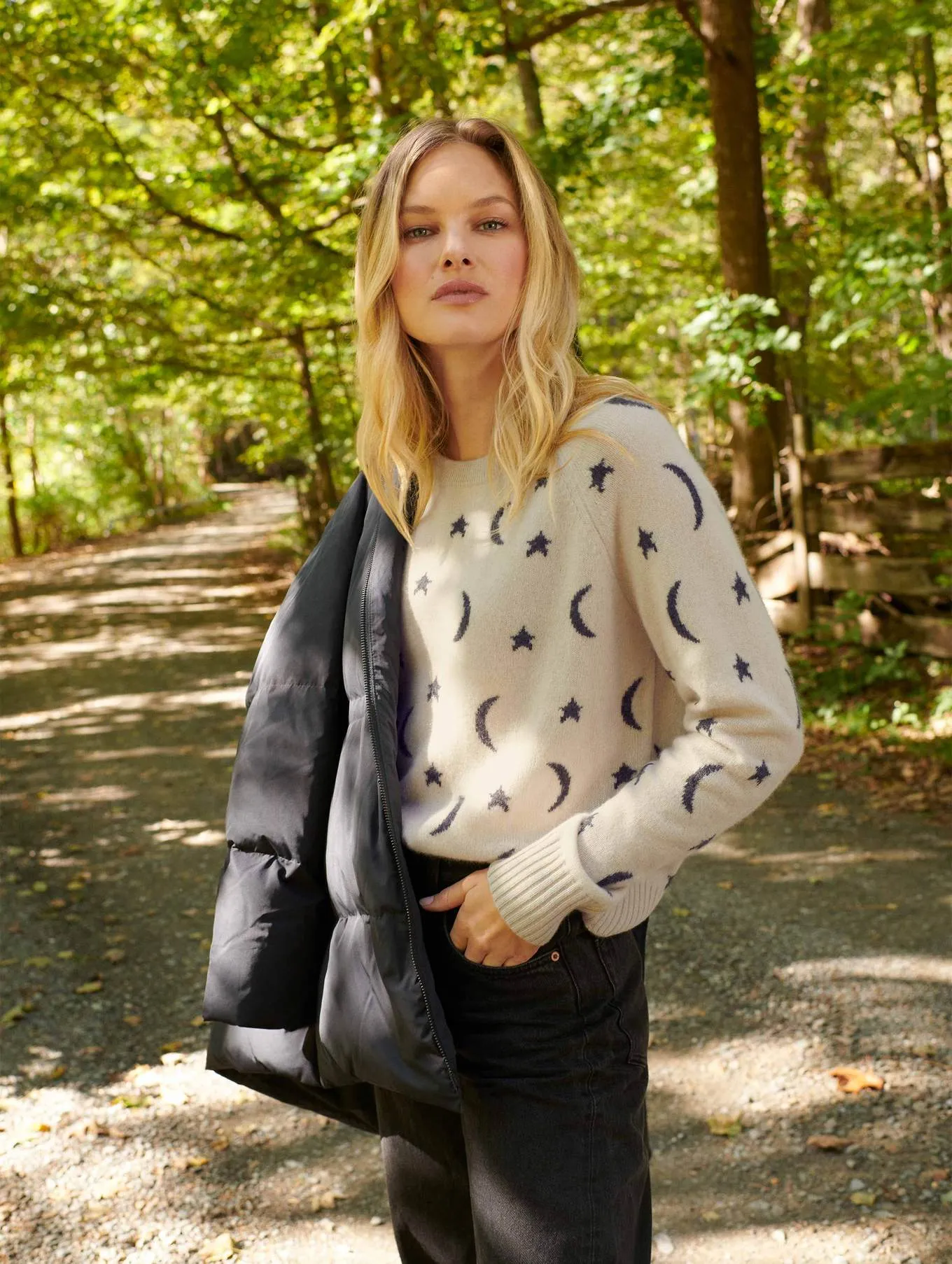 White   Warren - Cashmere New Moon Intarsia Sweatshirt in Moonstone/Charcoal Heather
