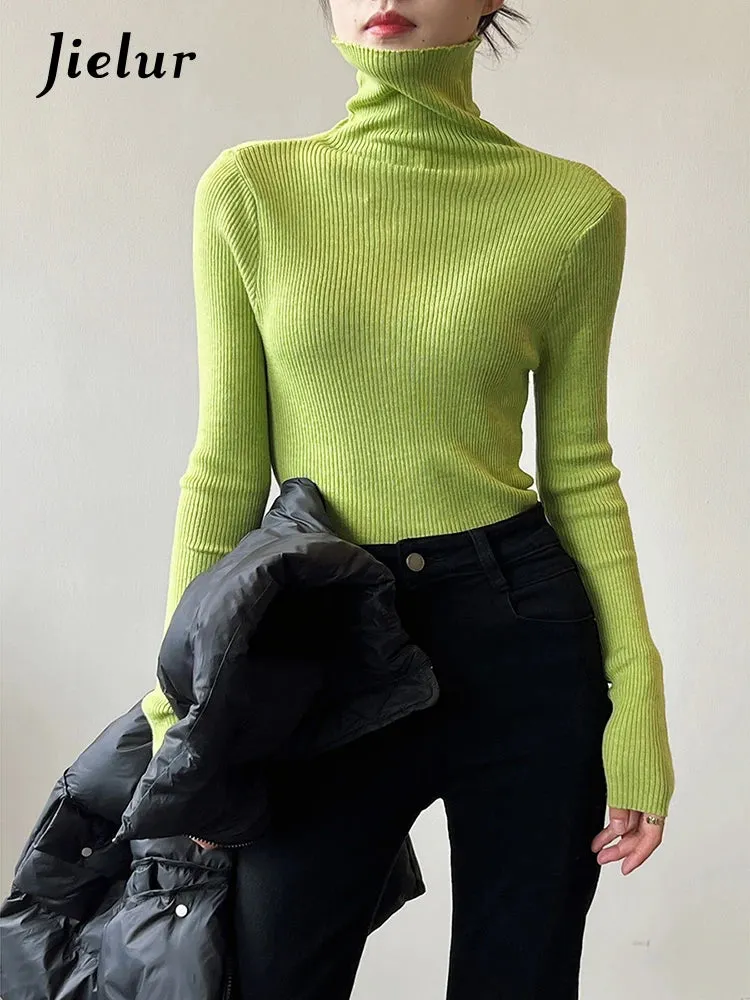 Women Pullover Turtleneck Sweater Autumn Long Sleeve Slim Elastic Korean Sweaters Simple Basic Solid Color Knitted Top