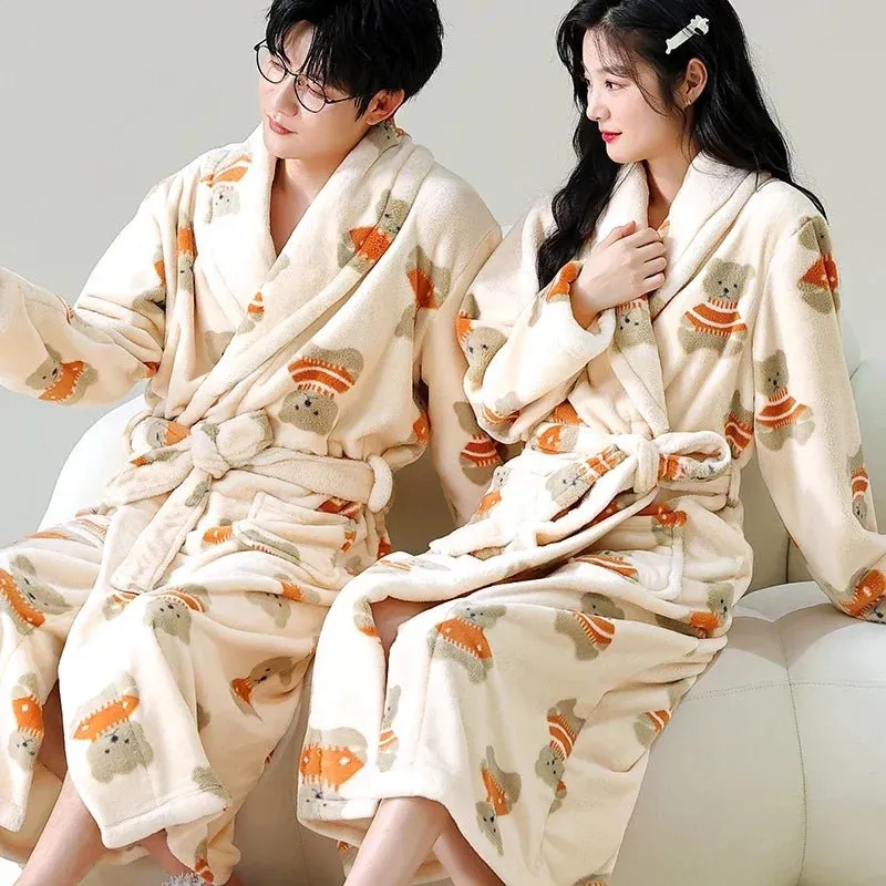 Zebra Print Winter Warm Long Coral Velvet Thick Couple Bathrobes Men Women Pajamas Shower Robe Bath Towels for Adults Homewear