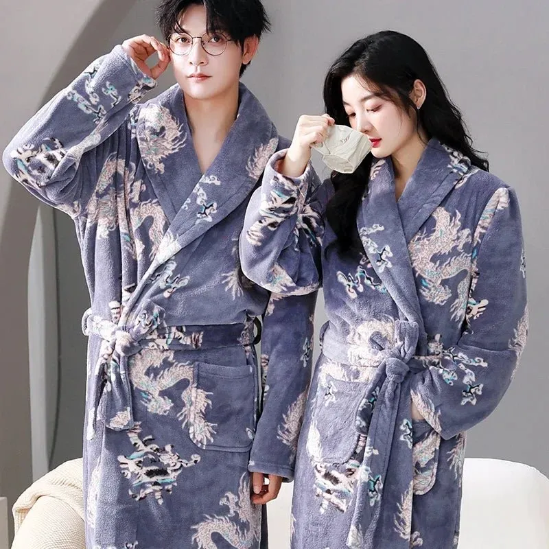 Zebra Print Winter Warm Long Coral Velvet Thick Couple Bathrobes Men Women Pajamas Shower Robe Bath Towels for Adults Homewear