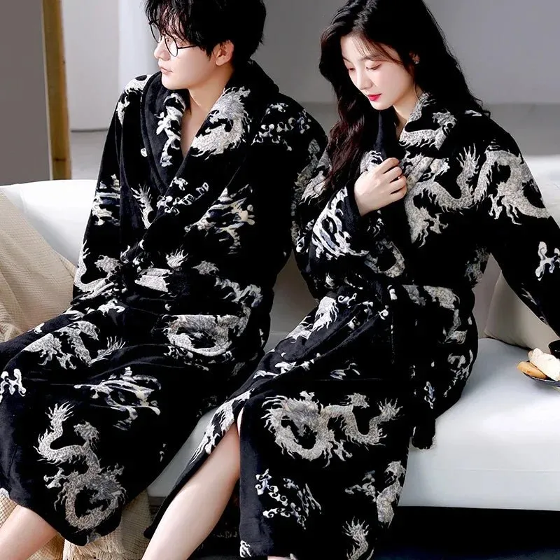 Zebra Print Winter Warm Long Coral Velvet Thick Couple Bathrobes Men Women Pajamas Shower Robe Bath Towels for Adults Homewear
