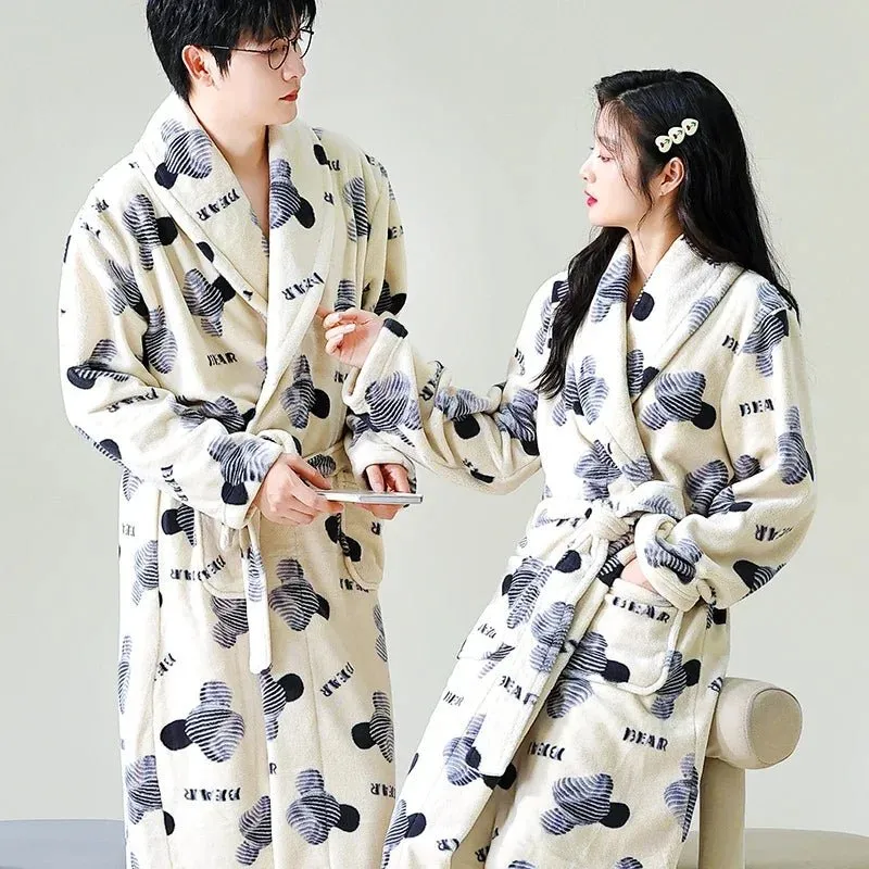 Zebra Print Winter Warm Long Coral Velvet Thick Couple Bathrobes Men Women Pajamas Shower Robe Bath Towels for Adults Homewear