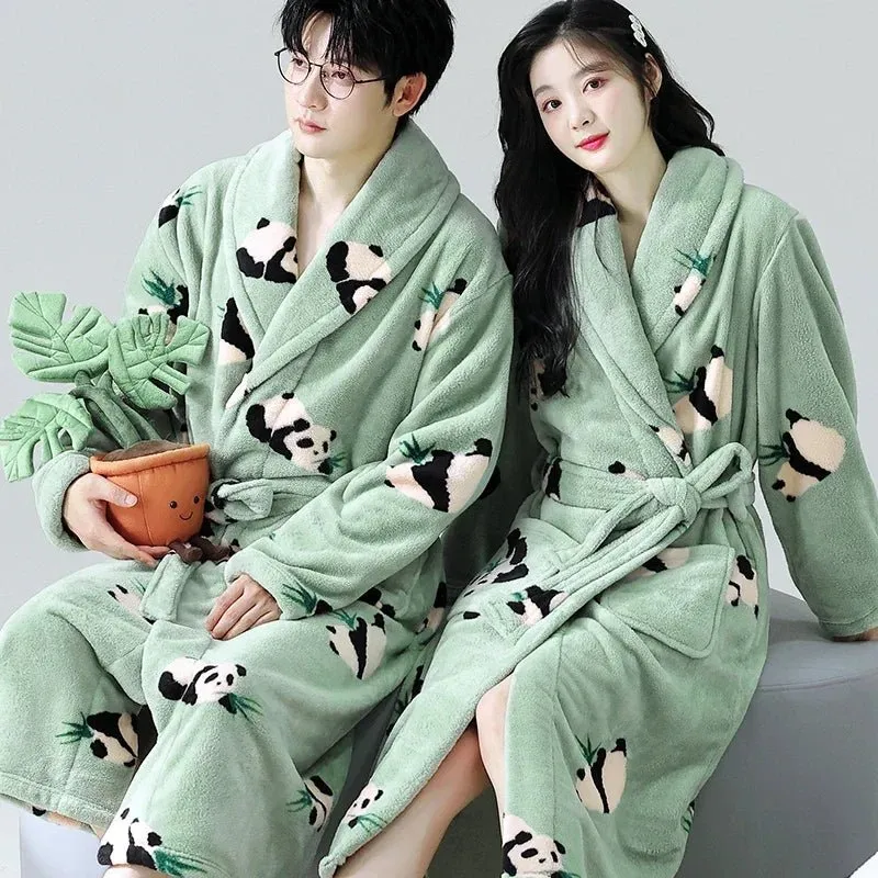 Zebra Print Winter Warm Long Coral Velvet Thick Couple Bathrobes Men Women Pajamas Shower Robe Bath Towels for Adults Homewear